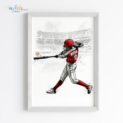Baseball Hitter Girl Personalised Wall Art Framed White