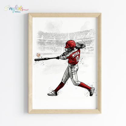 Baseball Hitter Girl Personalised Wall Art Framed Wooden