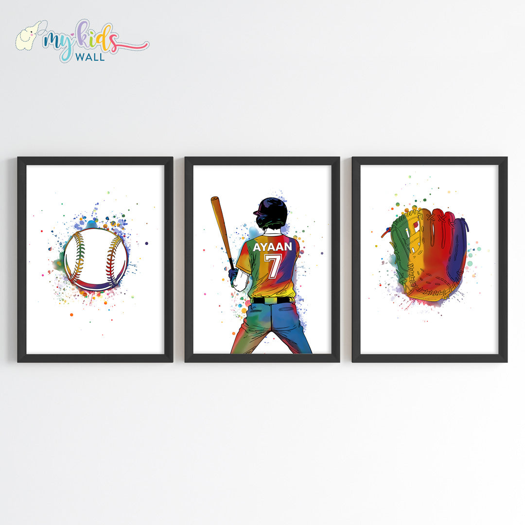 Baseball Player Boy Personalised Wall Art Framed Set of 3 Black