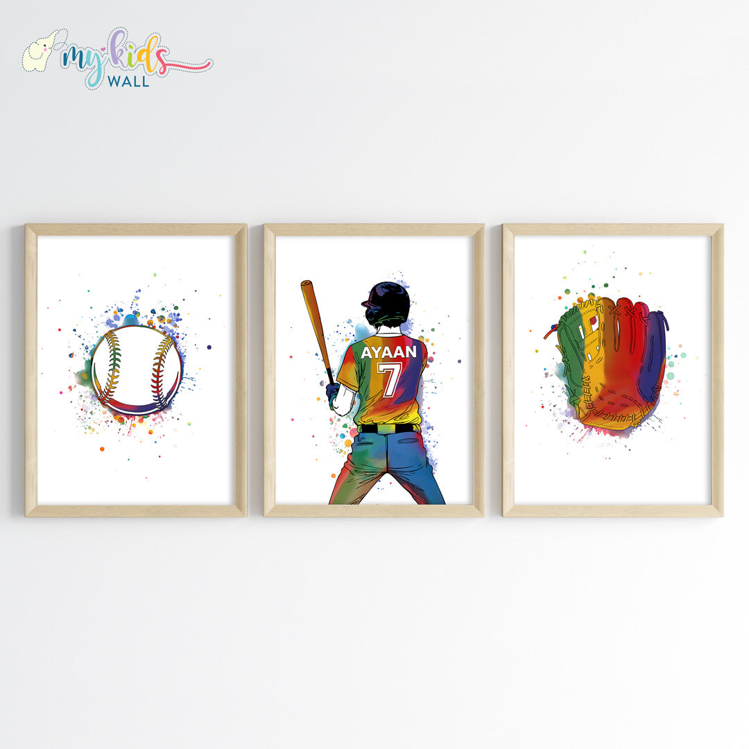 Baseball Player Boy Personalised Wall Art Framed Set of 3 Wooden