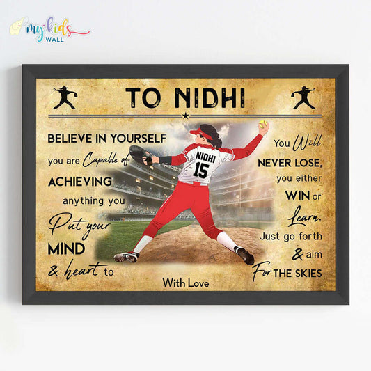 Motivational wall art of girl baseball player girl black frame