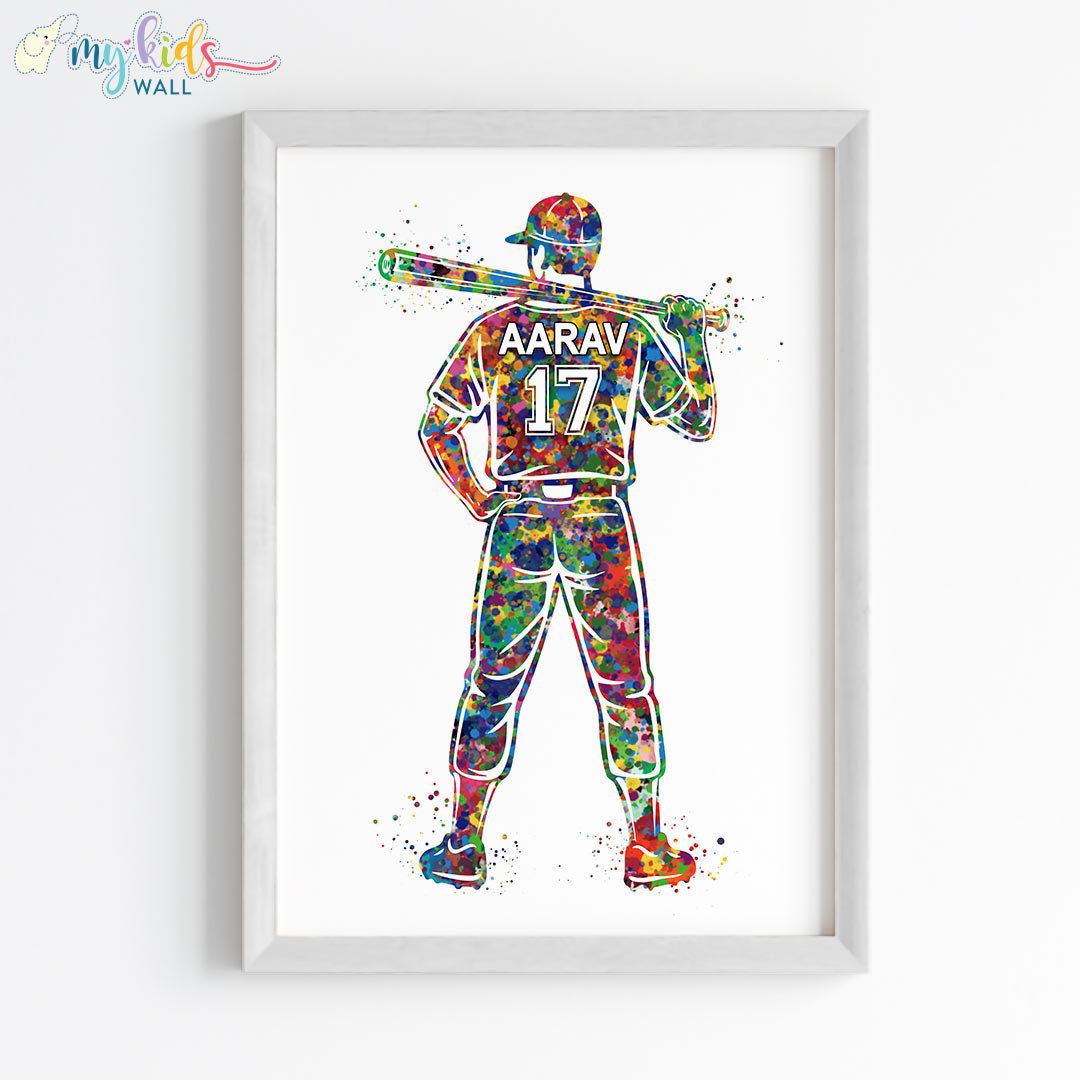 Baseball Player Personalised Wall Art Framed White