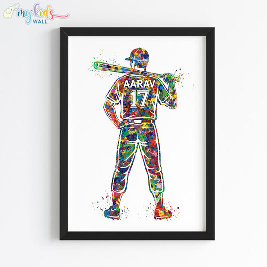 Baseball Player Personalised Wall Art Framed Black