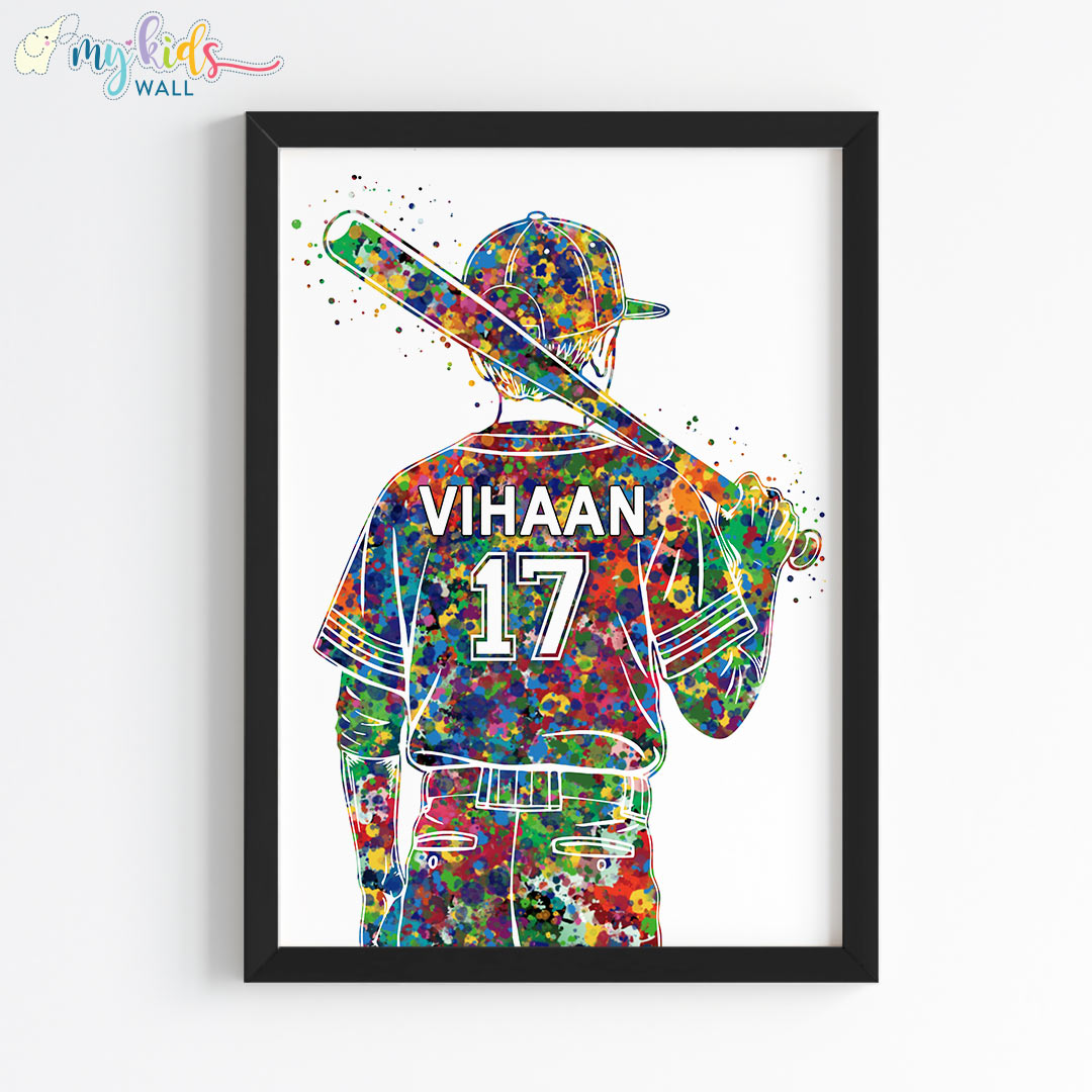 Baseball Player with Bat over Shoulder Personalised Wall Art Framed Black