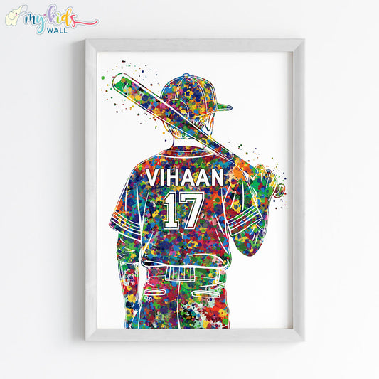 Baseball Player with Bat over Shoulder Personalised Wall Art Framed White