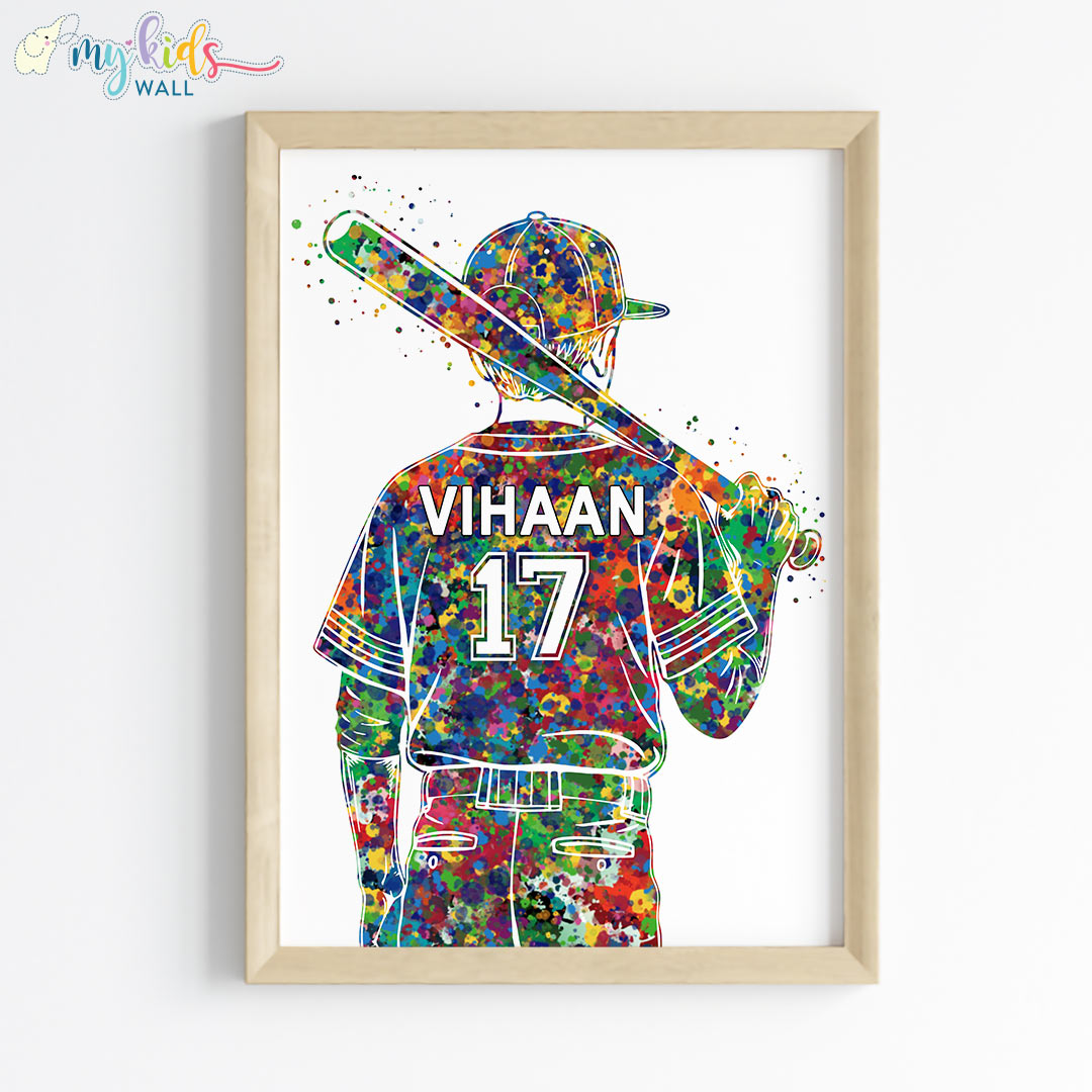 Baseball Player with Bat over Shoulder Personalised Wall Art Framed Wooden