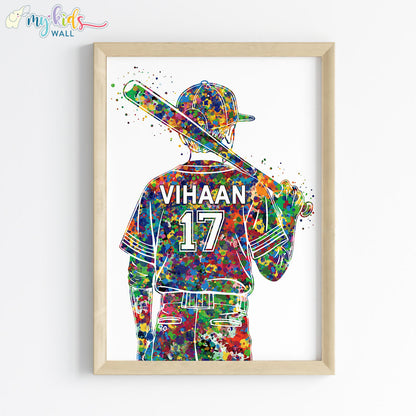 Baseball Player with Bat over Shoulder Personalised Wall Art Framed Wooden