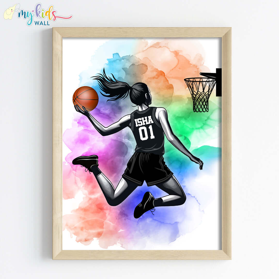 Watercolor dunk girl basketball player wooden wall frame