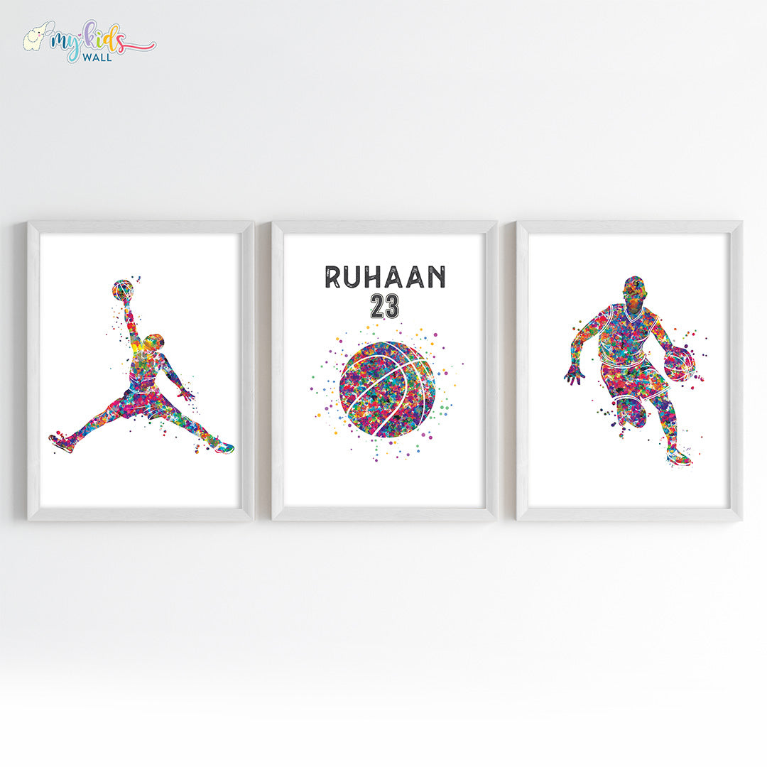 Basketball Player Boy Personalised Wall Art Framed Set of 3 White