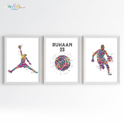 Basketball Player Boy Personalised Wall Art Framed Set of 3 White