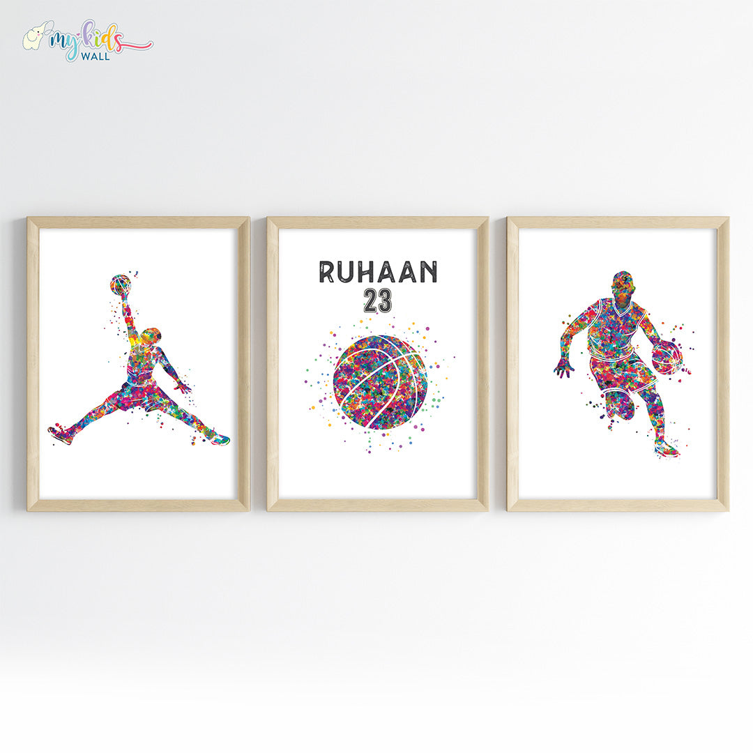 Basketball Player Boy Personalised Wall Art Framed Set of 3 Wooden