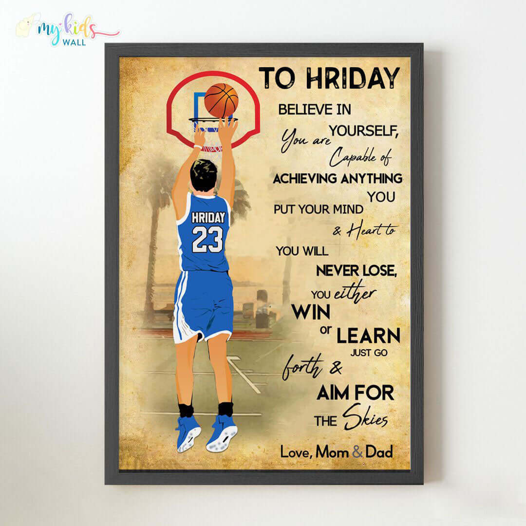 Motivational wall art of boy basketball player black wall frame