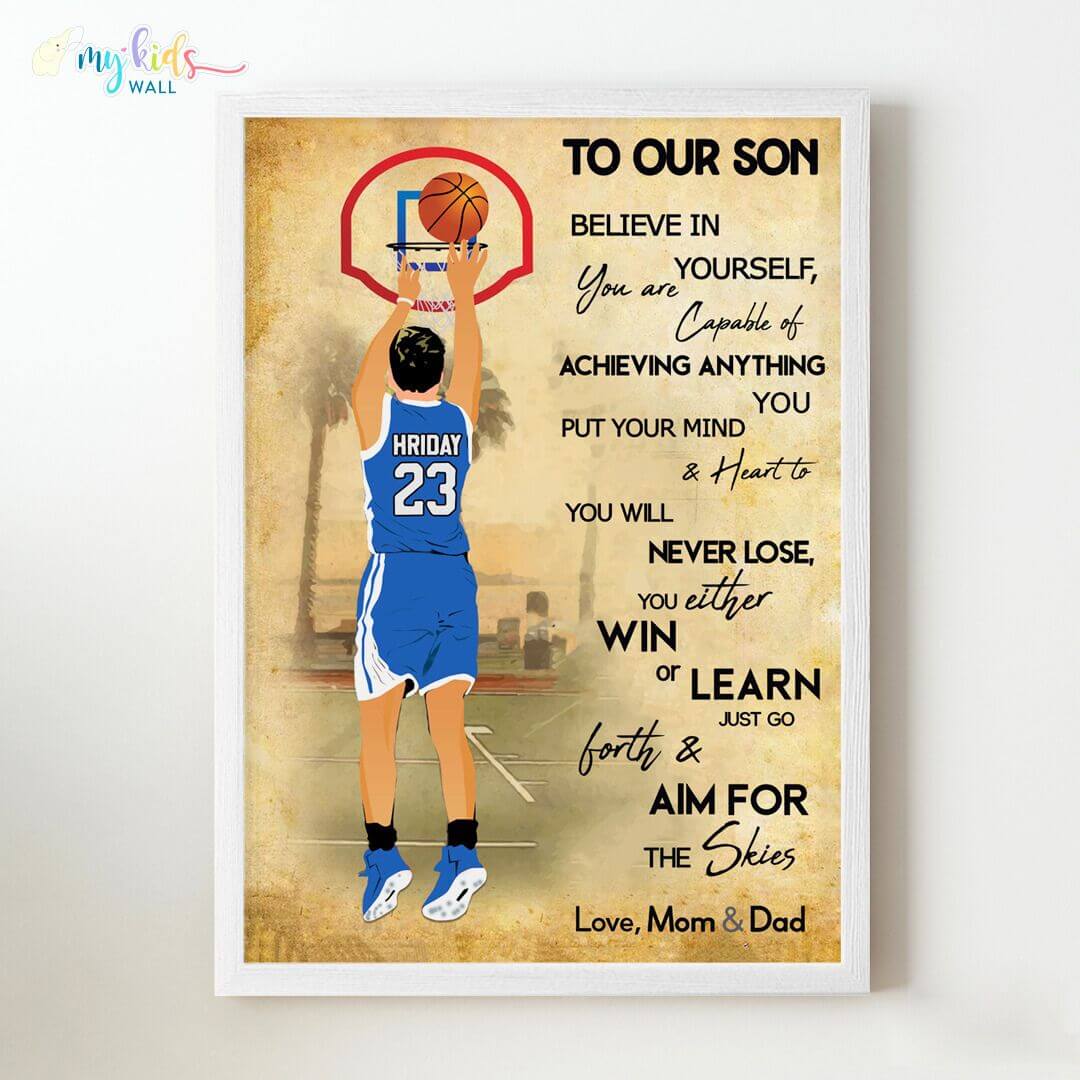 Motivational wall art of boy basketball player white wall frame