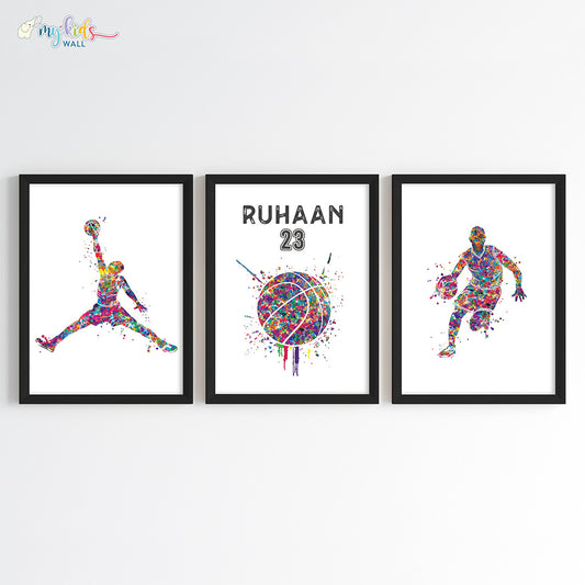 basketball player boy personalized wall art set of 3 black frame