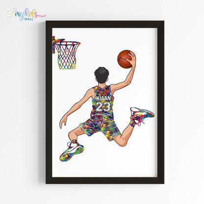 Basketball Player Dunk Watercolor Personalized Wall Art Framed Black