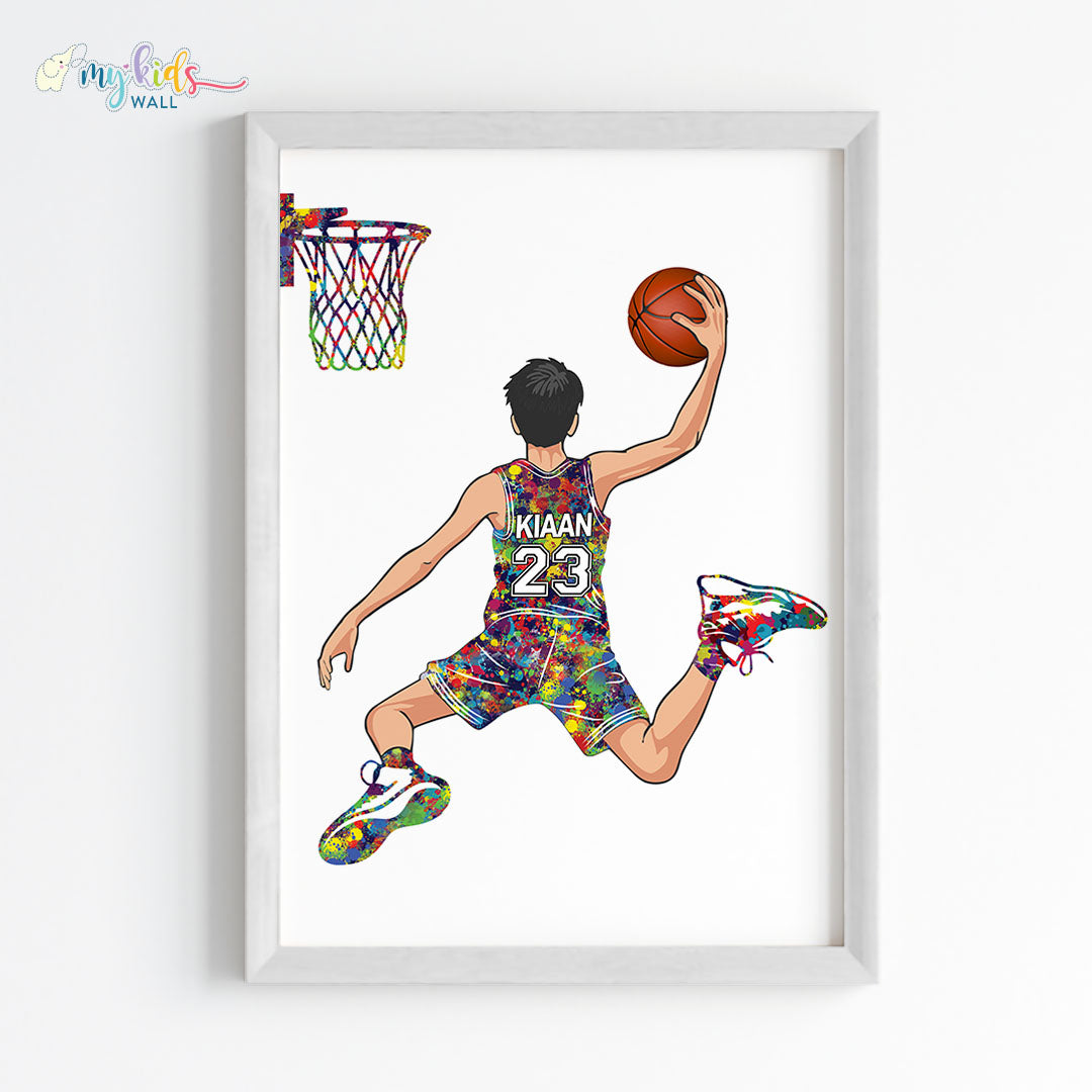 Basketball Player Dunk Watercolor Personalized Wall Art Framed White