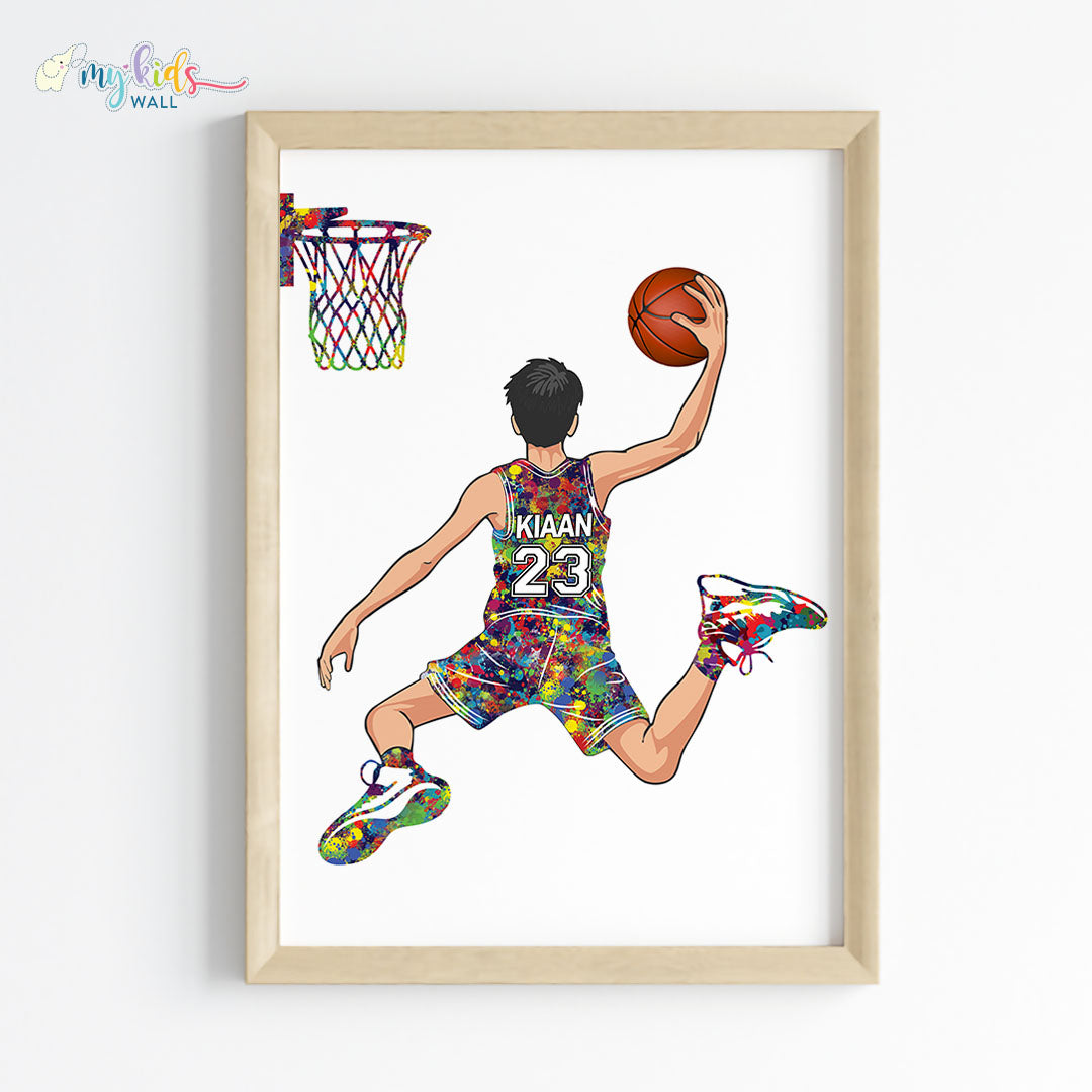 Basketball Player Dunk Watercolor Personalized Wall Art Framed Wooden