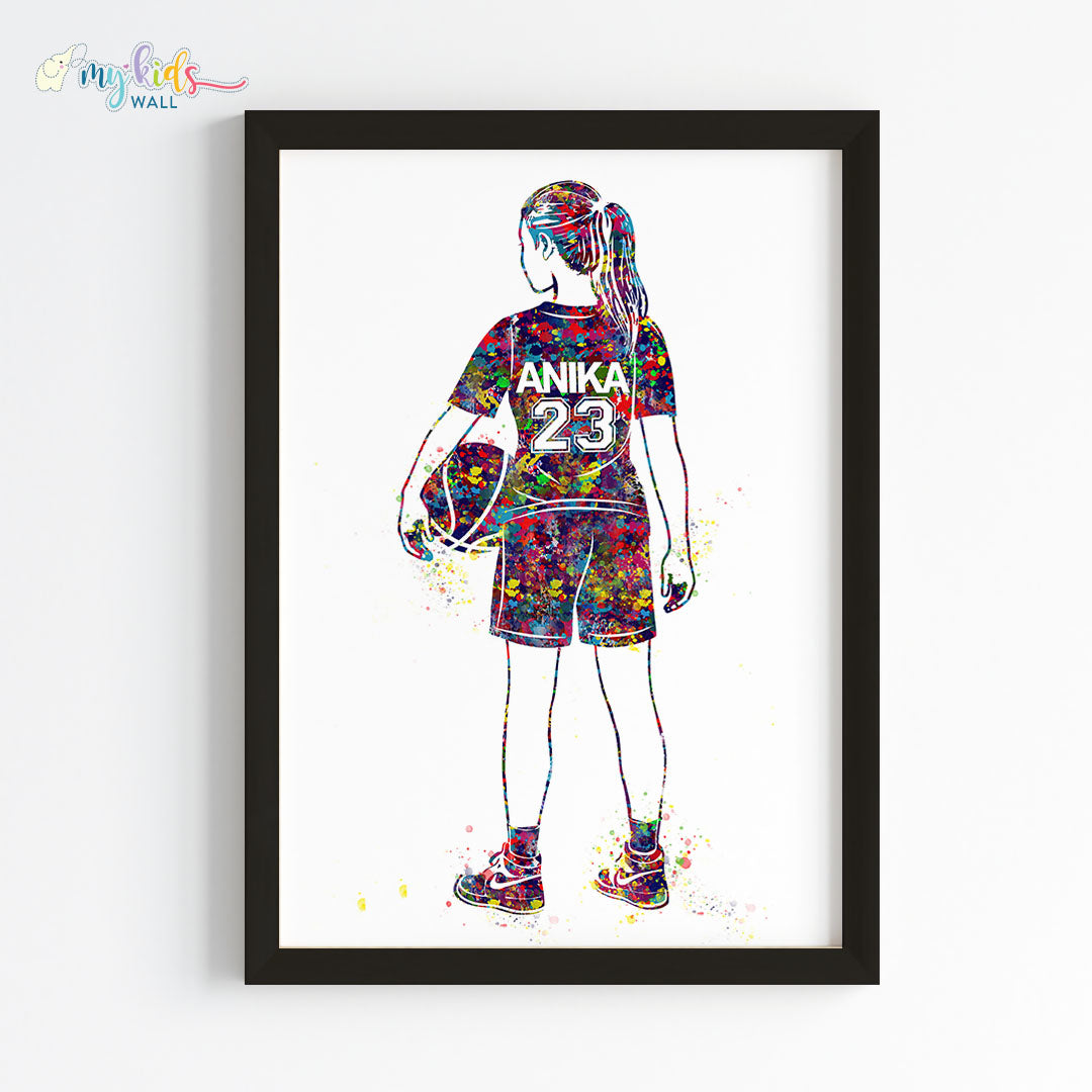 Basketball Player Girl Personalised Wall Art Framed Black