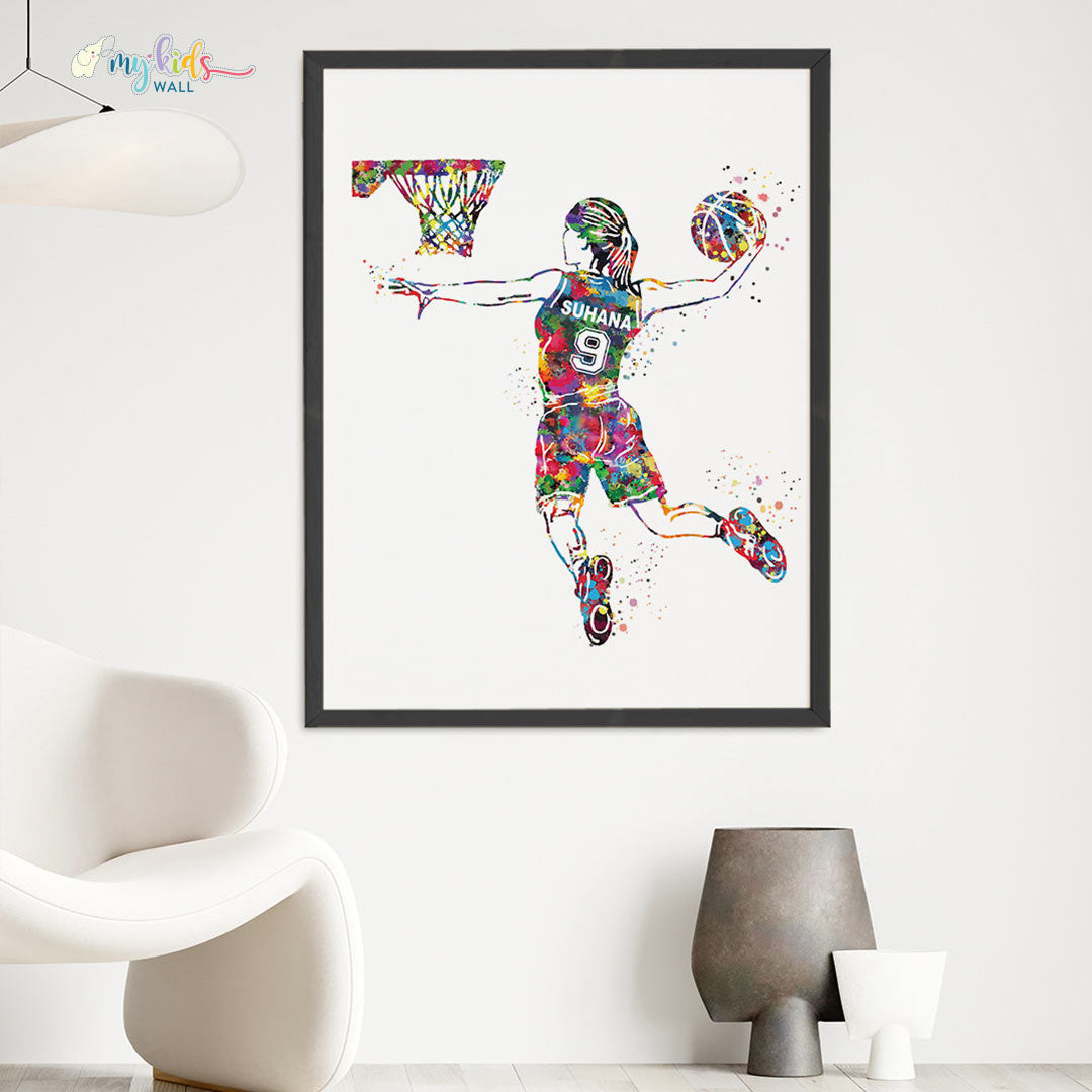 Multicolor girl basketball player black wall frame