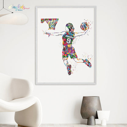 Multicolor girl basketball player white wall frame