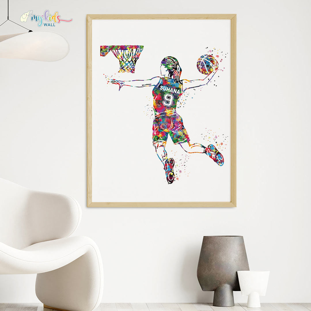 Multicolor girl basketball player wooden wall frame