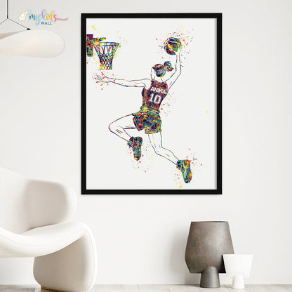 Basketball Player Girl Dunk Personalised Wall Art Big Frame Black