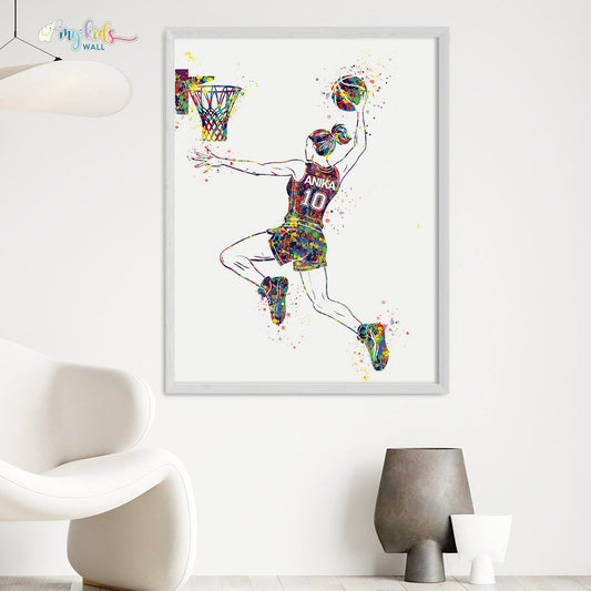 Basketball Player Girl Dunk Personalised Wall Art Big Frame White
