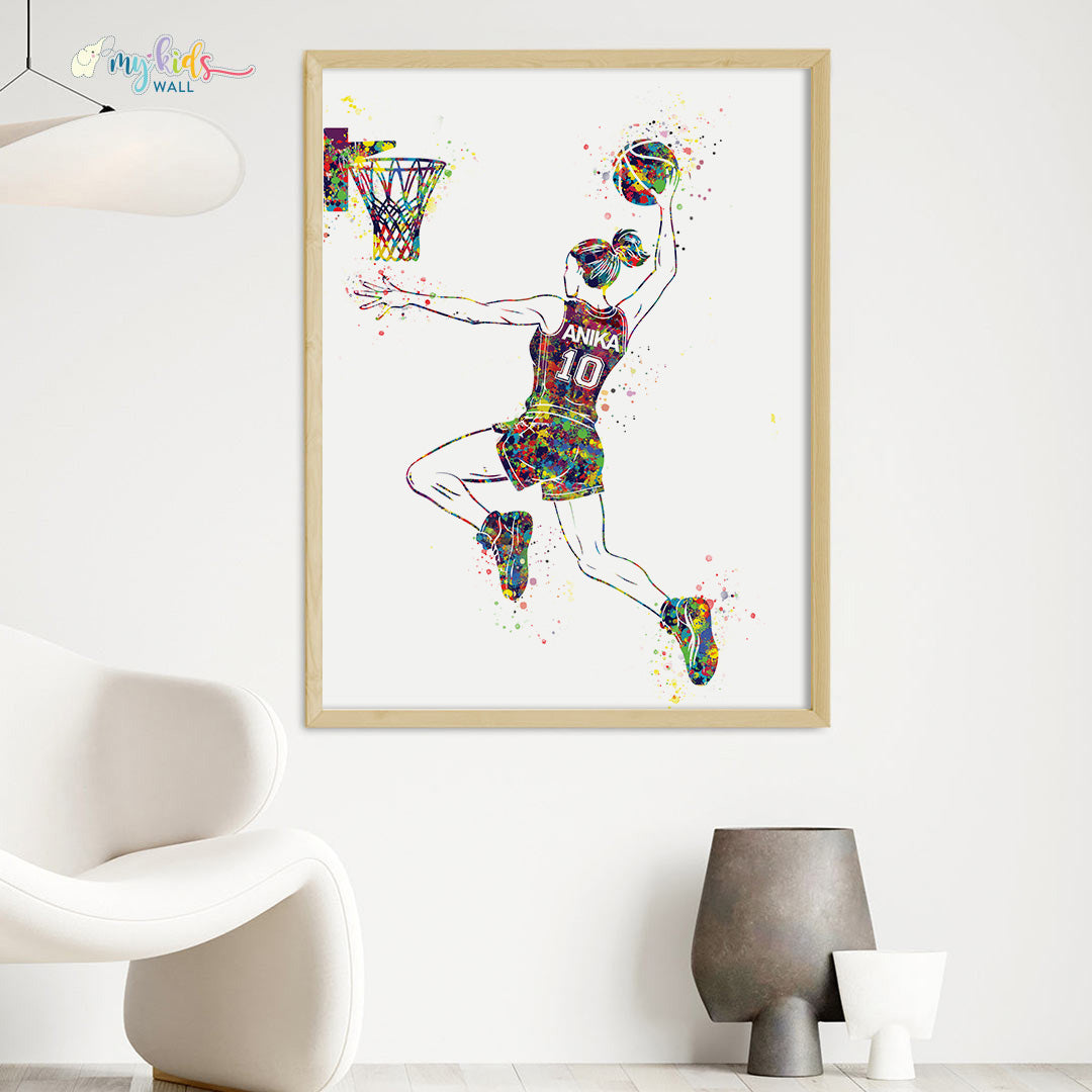 Basketball Player Girl Dunk Personalised Wall Art Big Frame Wooden