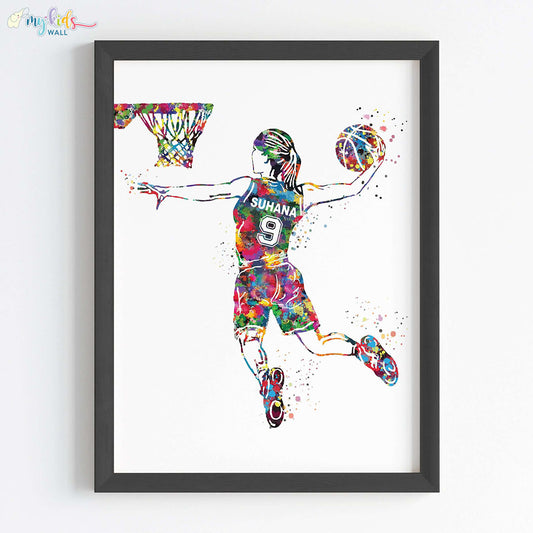 Multicolor girl basketball player black wall frame