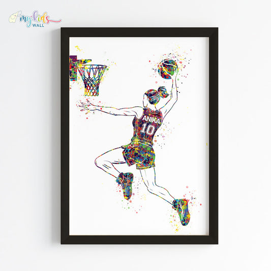Basketball Player Girl Dunk Personalised Wall Art Framed Black