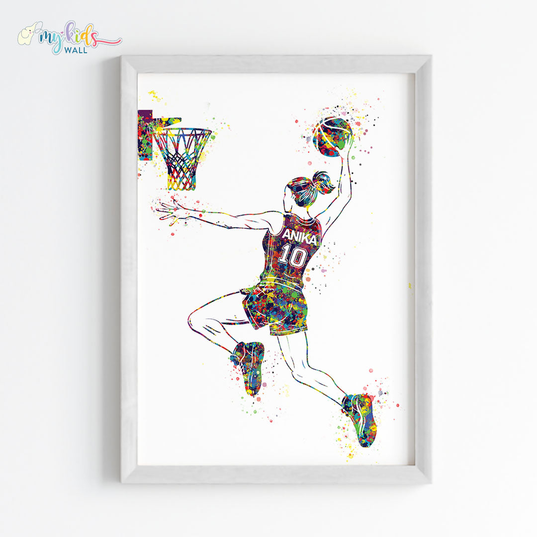 Basketball Player Girl Dunk Personalised Wall Art Framed White