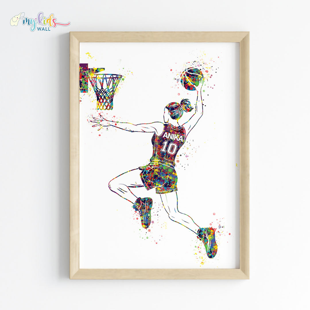 Basketball Player Girl Dunk Personalised Wall Art Framed Wooden