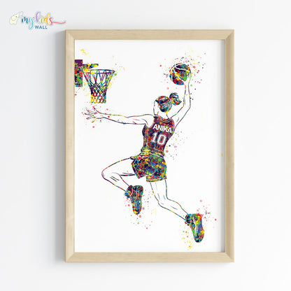 Basketball Player Girl Dunk Personalised Wall Art Framed Wooden