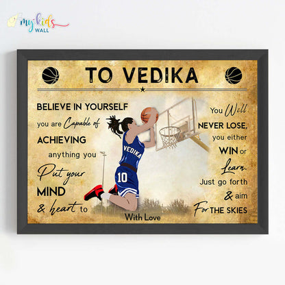 Motivational wall art of girl basketball player black wall frame