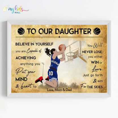 Motivational wall art of girl basketball player white wall frame