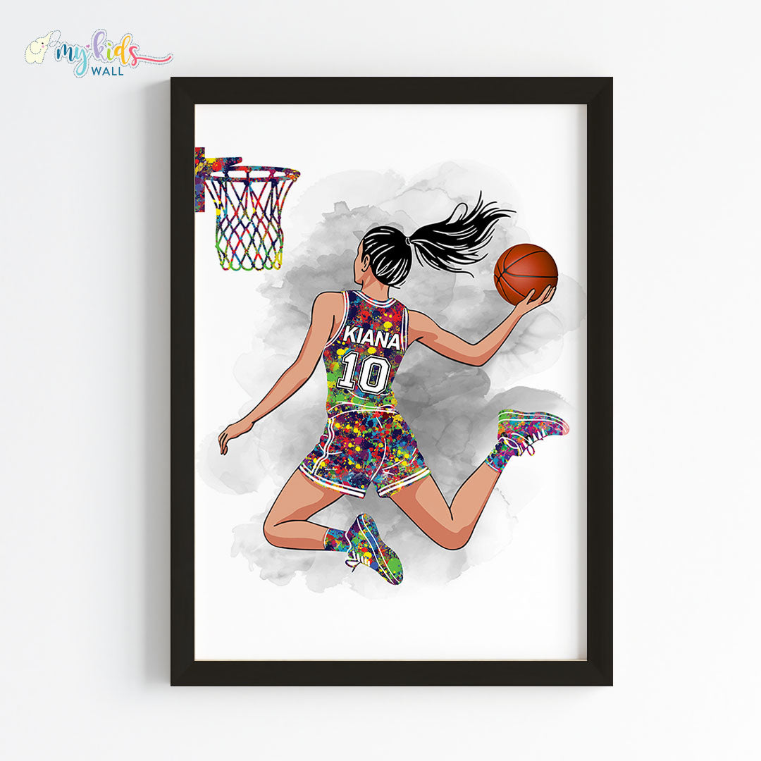 Basketball Girl Player Dunk Watercolor Personalized Wall Art Framed Black