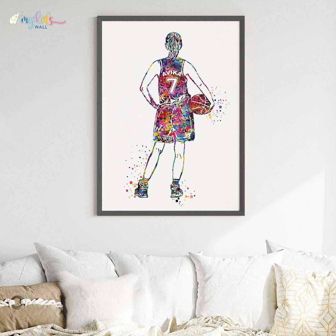 Multicolor girl basketball player black wall frame