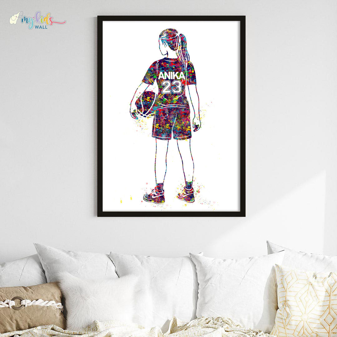 Basketball Player Girl Personalised Wall Art Big Frame Black