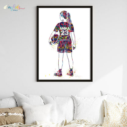 Basketball Player Girl Personalised Wall Art Big Frame Black