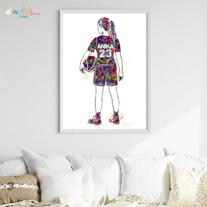 Basketball Player Girl Personalised Wall Art Big Frame White