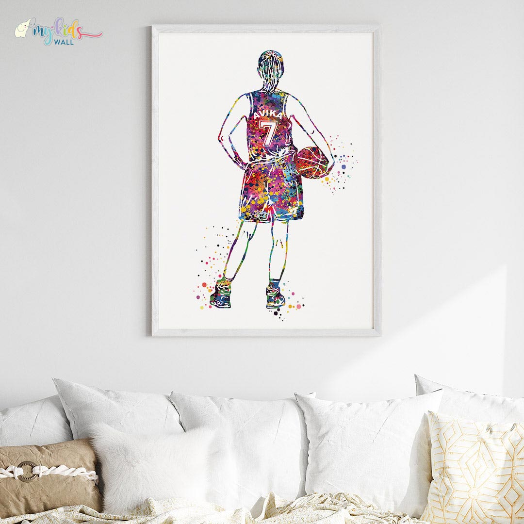 Multicolor girl basketball player white wall frame