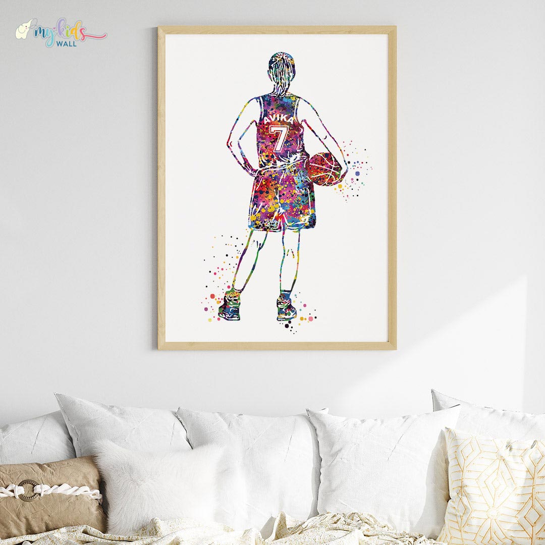 Multicolor girl basketball player wooden wall frame