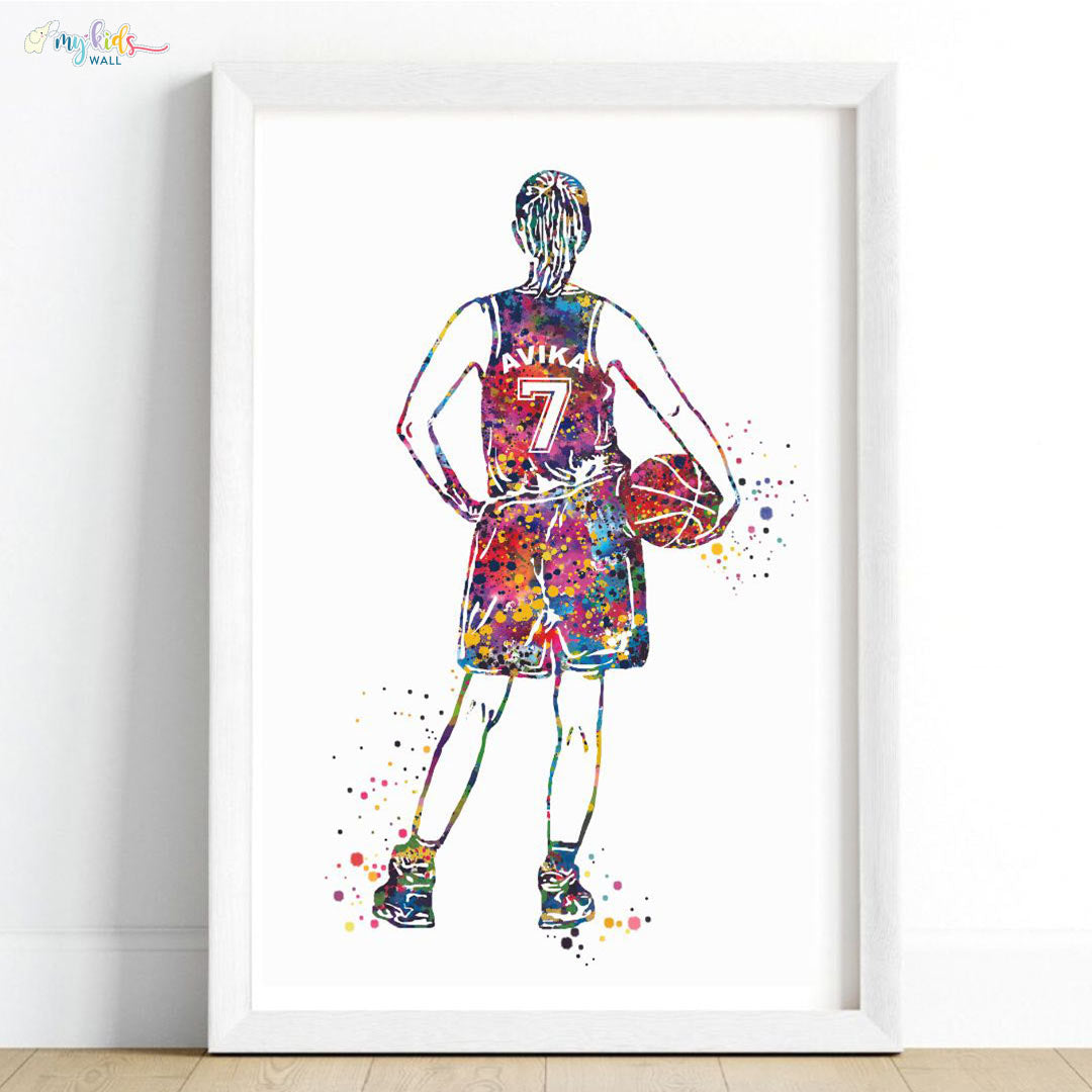 Multicolor girl basketball player white wall frame