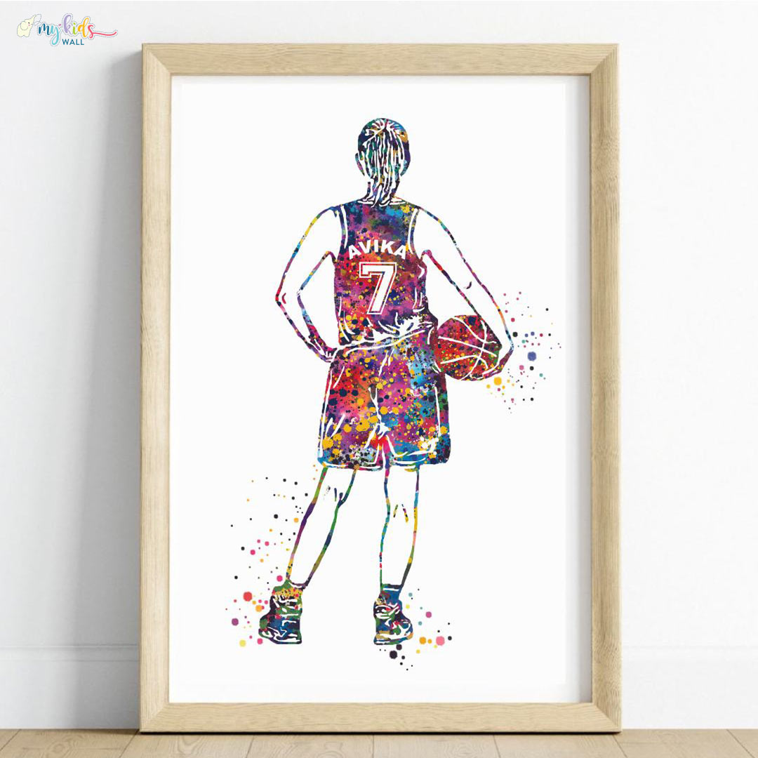 Multicolor girl basketball player wooden wall frame