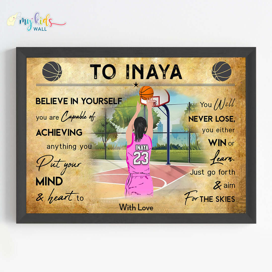 Motivational wall art of girl basketball player black wall frame