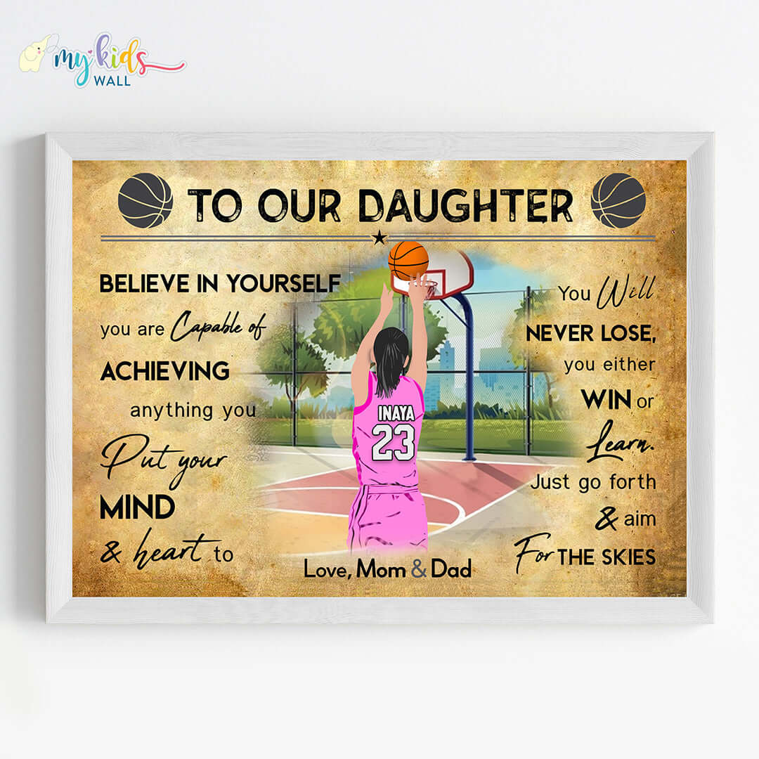 Motivational wall art of girl basketball player white wall frame