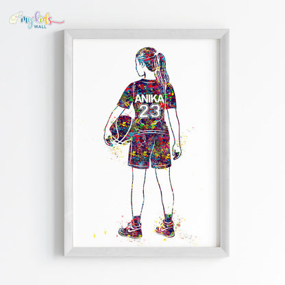 Basketball Player Girl Personalised Wall Art Framed White