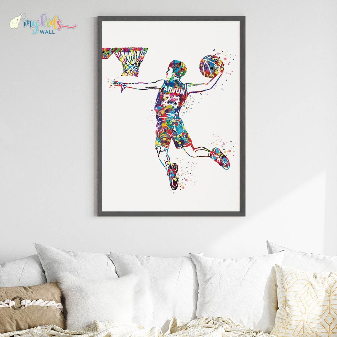 Multicolor boy basketball player black wall frame