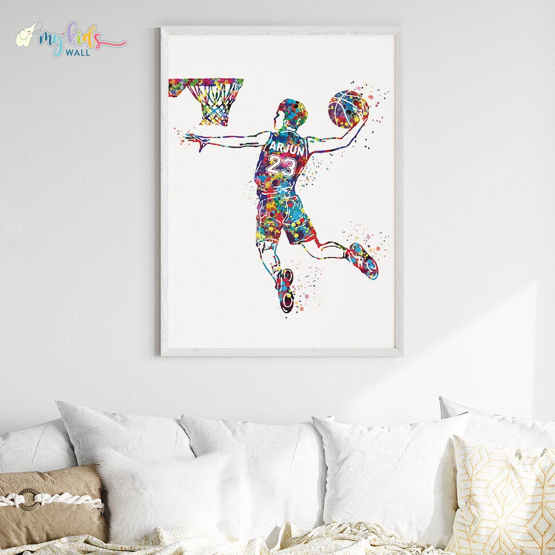 Multicolor boy basketball player white wall frame