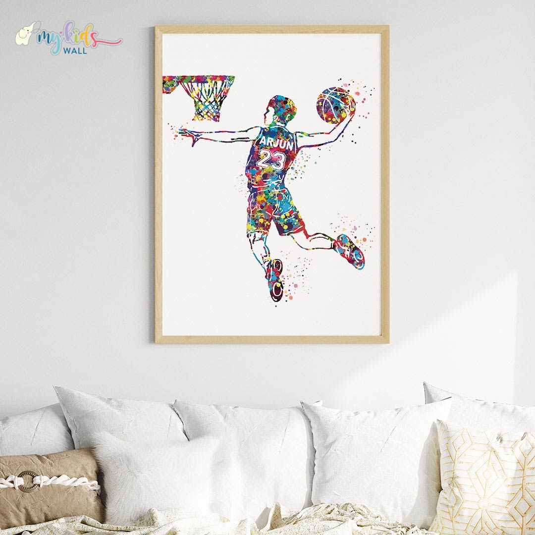 Multicolor boy basketball player wooden wall frame